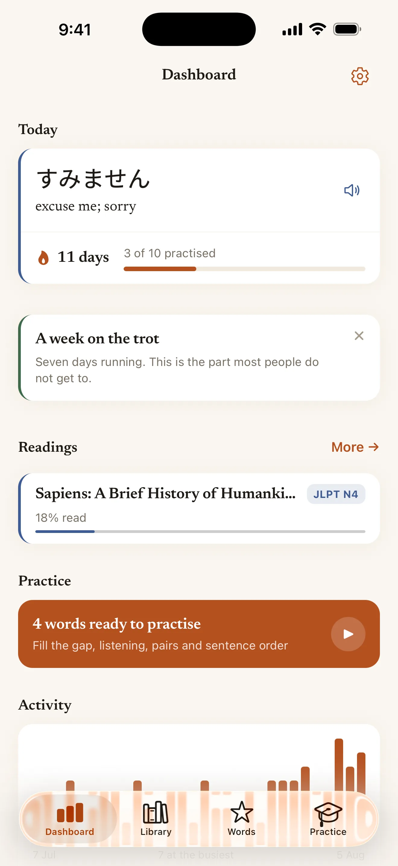 The Soya dashboard with word of the day, an eleven day streak and an activity chart